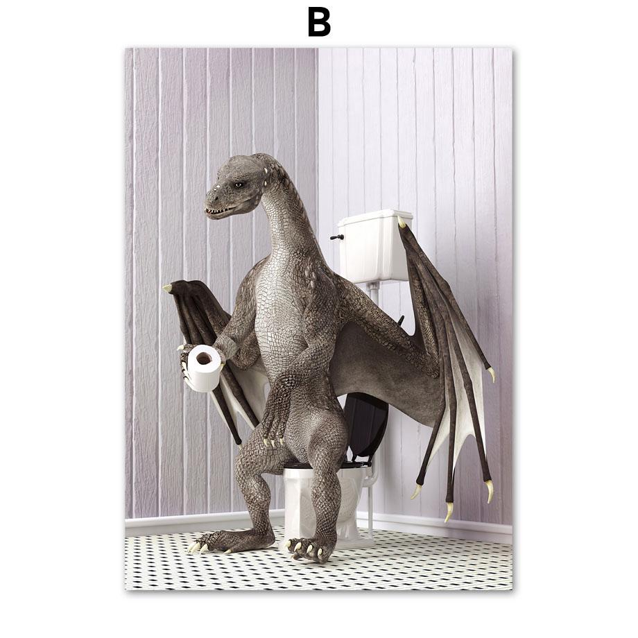 Ванная комната Юмор Дракон Жираф Слон Медведь Корова Енот Настенная живопись Печать на холсте Картина Ванна Плакат на скандинавскую тему Декор для туалетной комнаты