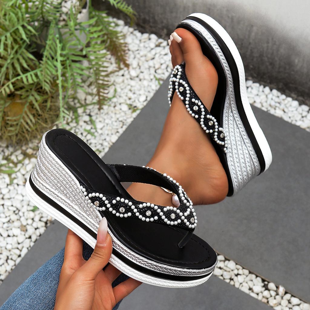Fashion Pearl Decor Wedge Heel Sandals for Women Fashion Clip Toe Chunky Platform Slippers Woman 2025 Summer Thick Sole Beach Flip Flops