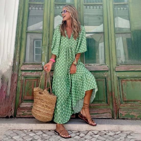 Женское платье с V-образным вырезом и рукавами-пузырьками три четверти с геометрическим принтом, свободное лоскутное платье трапециевидной формы большого размера