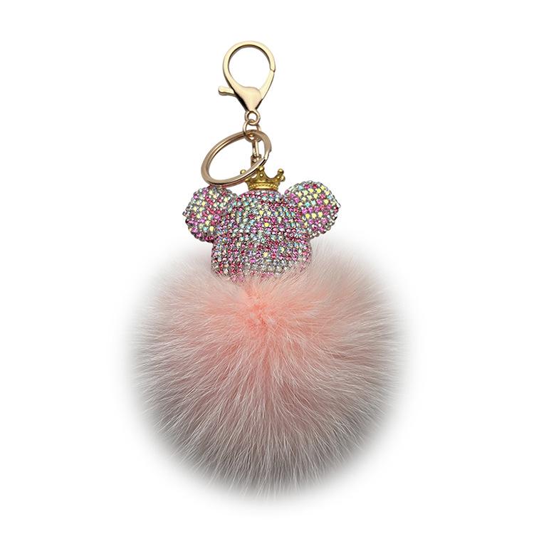 Luxurious Diamond-Studded Bear Keychain with Real Fox Fur - Stylish Accessory and Thoughtful Gift
