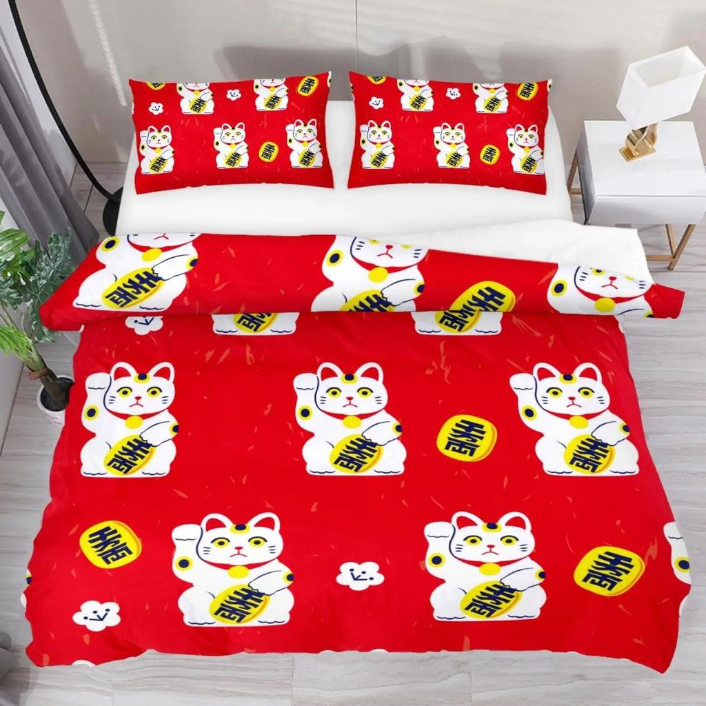 Japanese Lucky Cat Quilt Cover Set Japanese Cute Bedding Set With Pillowcase Quilt Cover Three-Piece Set