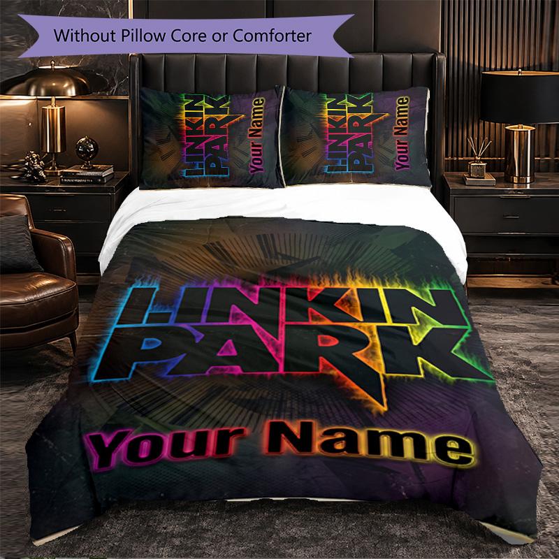 Linkin Park Customized Name Text Bedding Set, 1 Duvet Cover & 2 Pillowcases Personalized Bedroom Gift