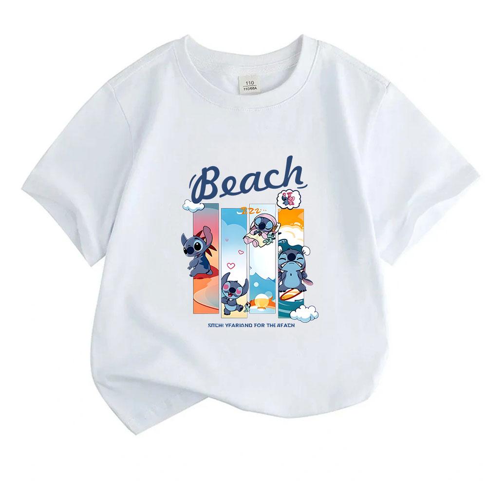 Kids Boys Girls Crew Neck Short Sleeve 100% Cotton T-Shirt, Cute Blue Alien Beach Surf Print Casual Soft Breathable Tee for Daily Summer Holiday Wear