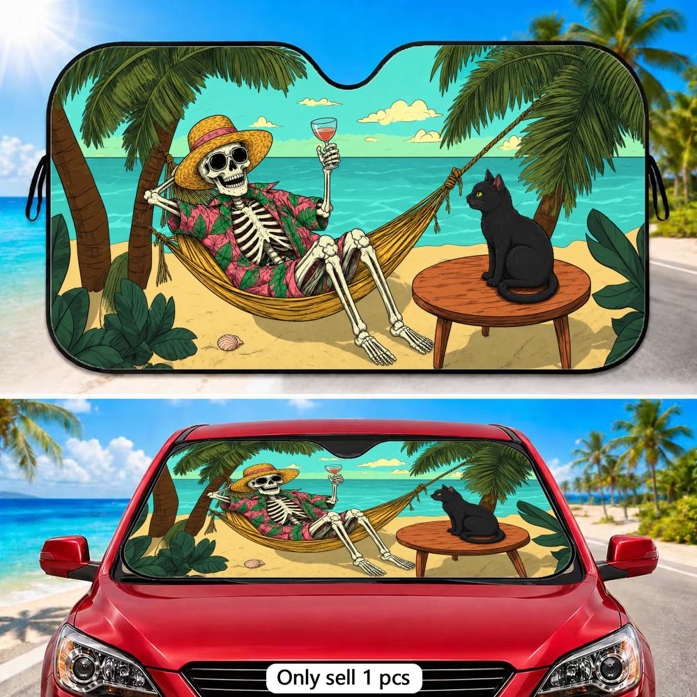 Holiday Skeleton Sun Visor Aluminum Foil Windshield Sunshade with Reflective UV Protection Heat Insulation Foldable Design