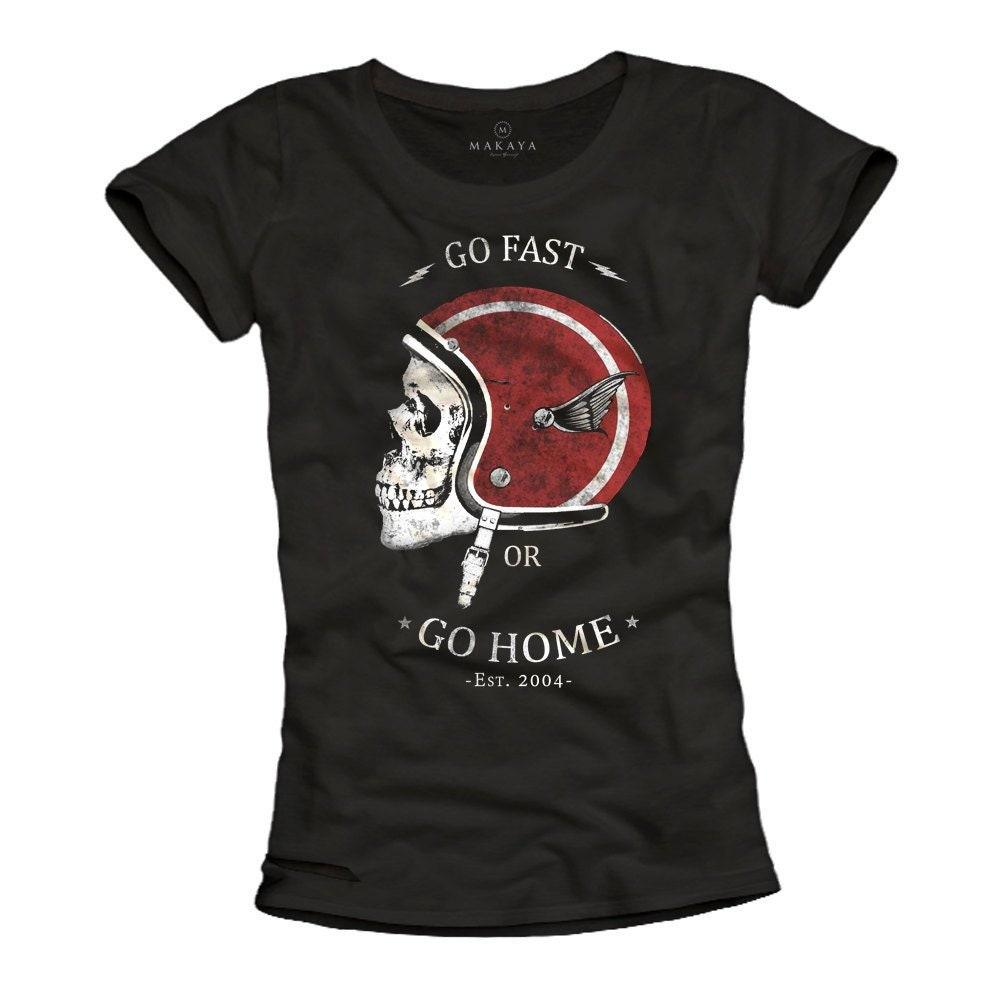 Vintage Biker T-Shirt Skull Helmet - Go Fast or Go Home - Womens Motorcycle Top black S/M/L