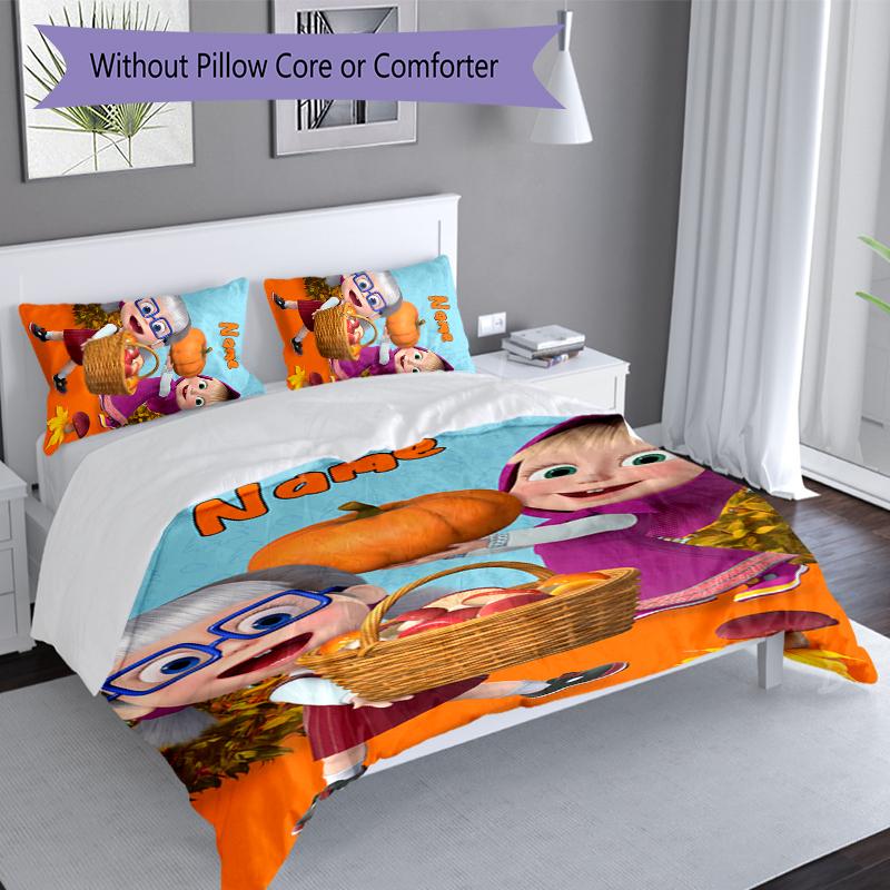 3pcs Custom Name Masha and the Bear Set,Includes 1 Duvet Cover and 2 Pillowcases,All-season Bedroom Decor