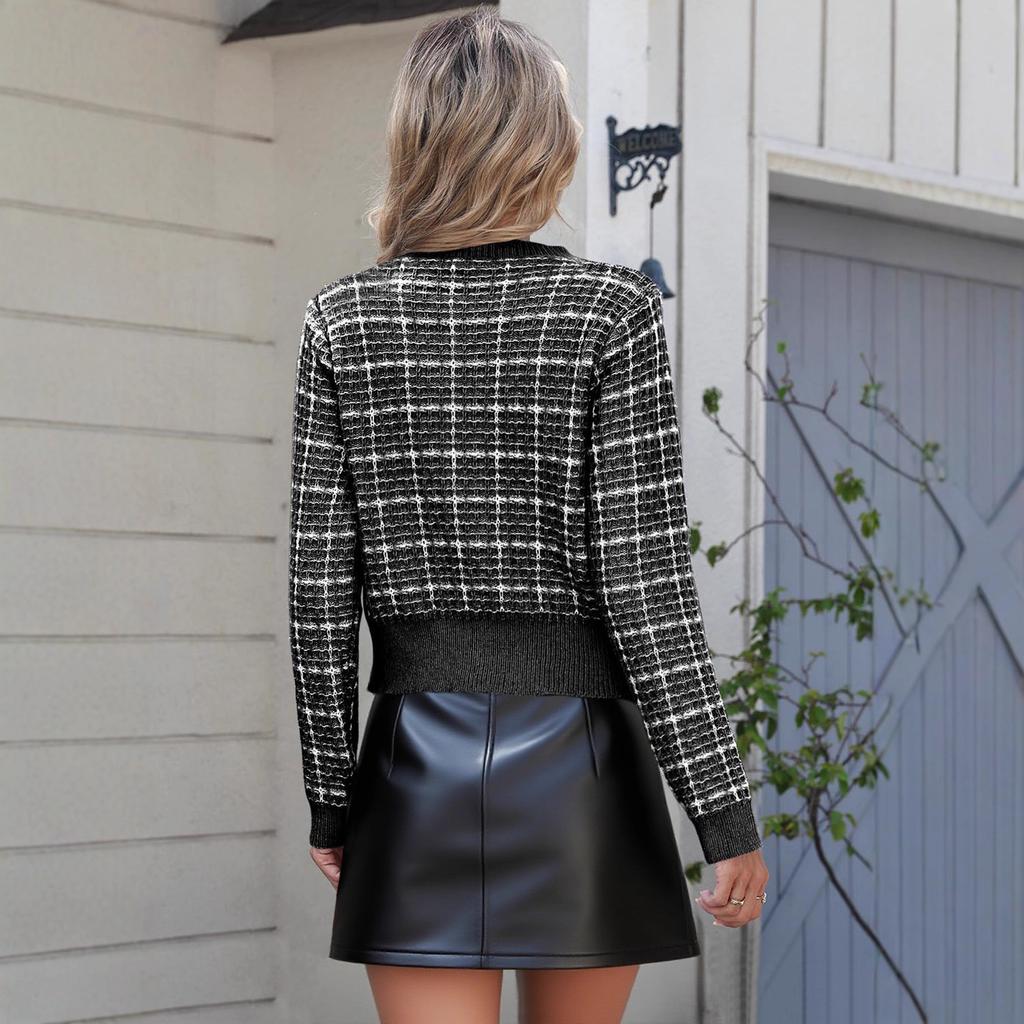 European and American women's plaid knitted cardigan women's small fragrant temperament jacket bright brick bow pearl buckle fashion sweater