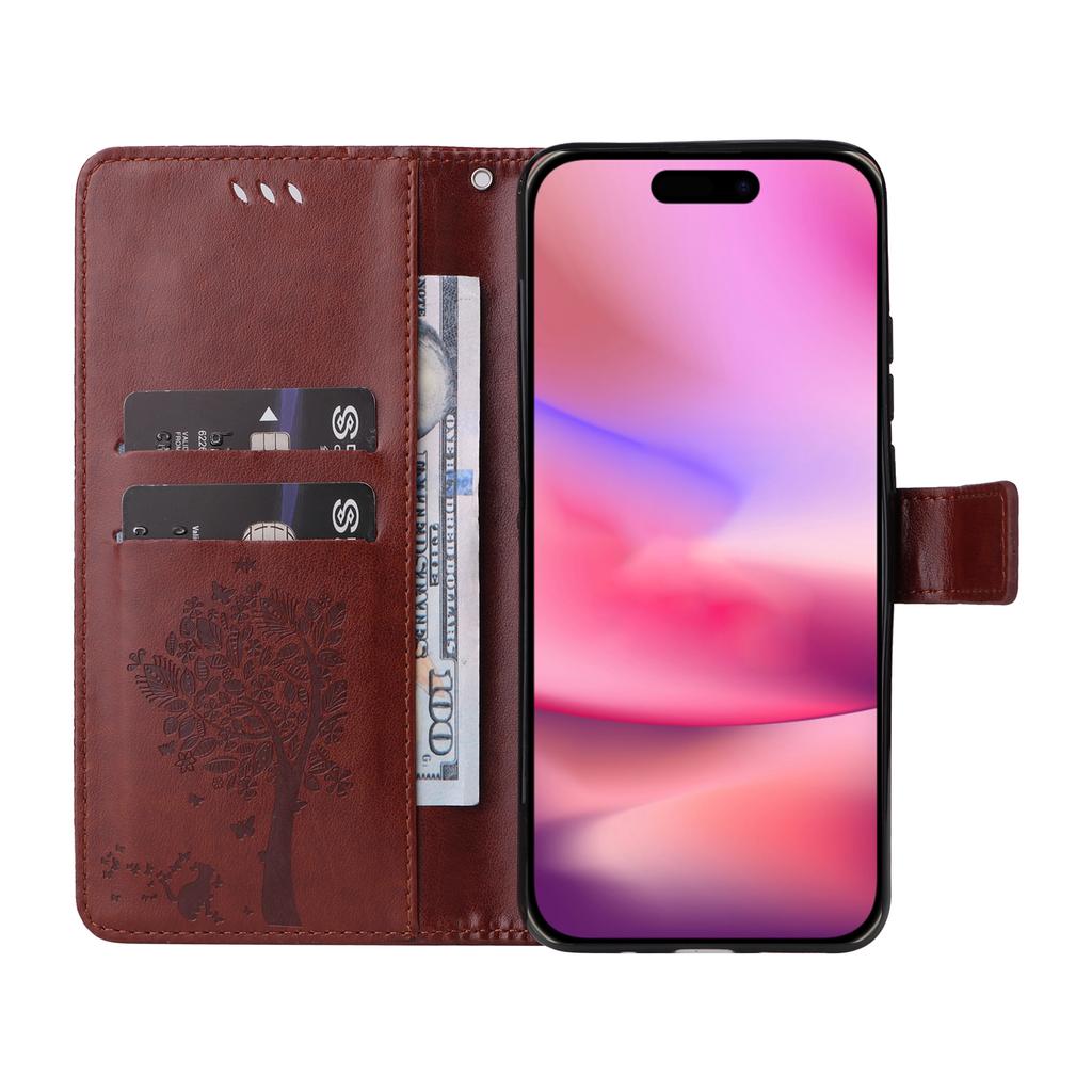 For iPhone 16 Phone Case with Stand Cat Tree Pattern Leather Wallet Mobile Cover