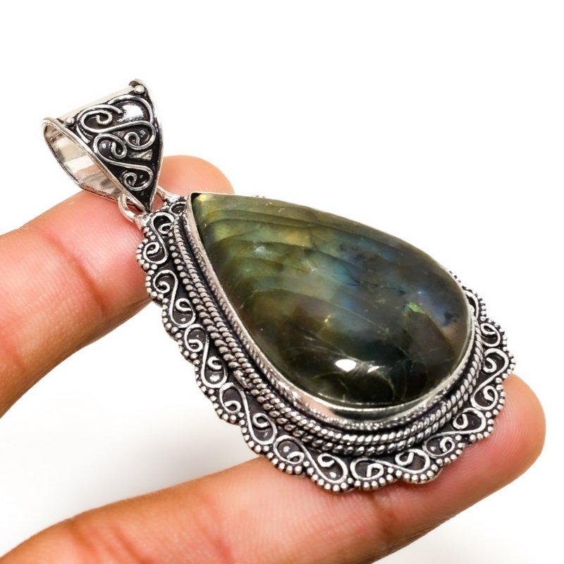 Labradorite Gemstone Handmade 925 Silver Plated Jewelry Pendant 2.46"