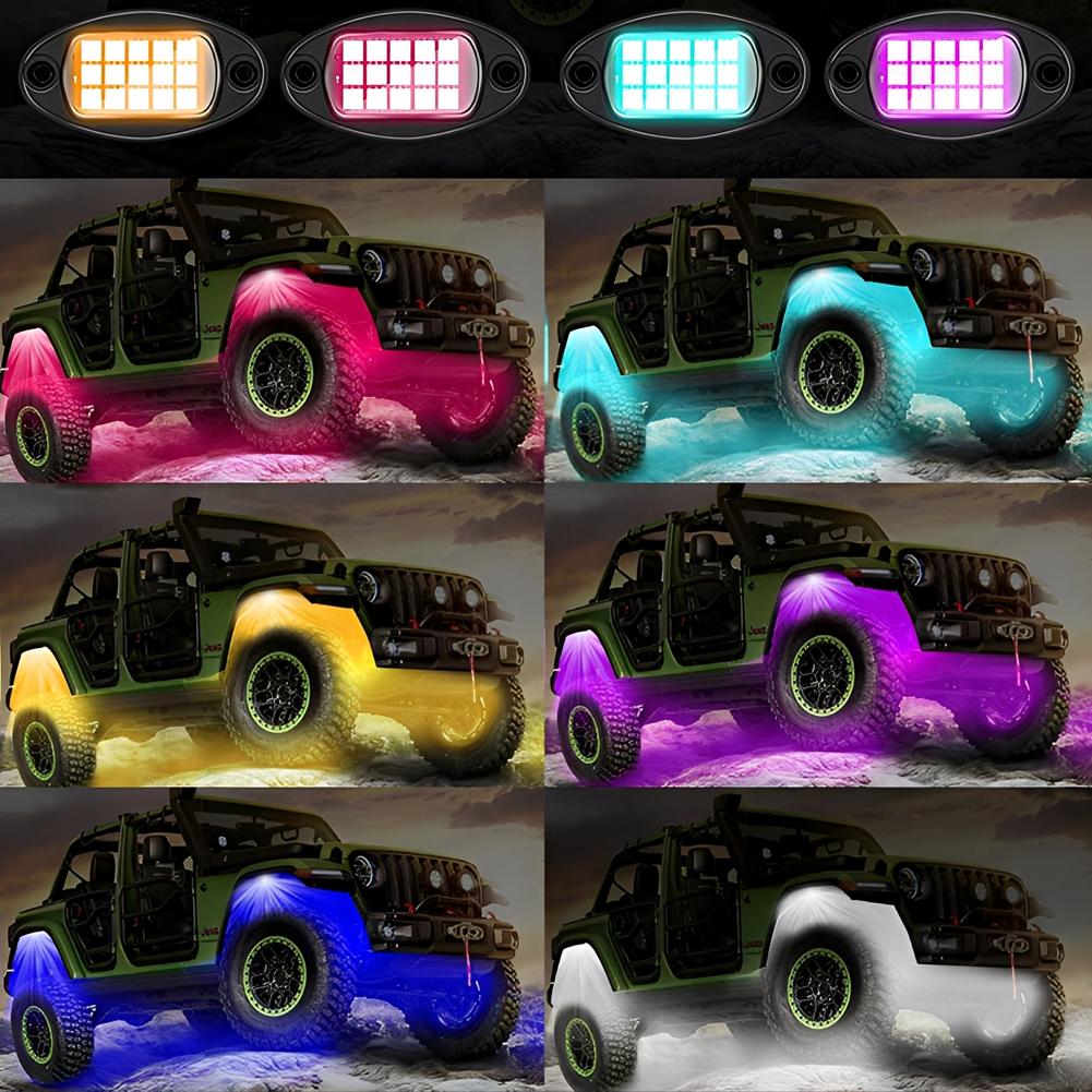 Новый Универсальный RGB Светодиодный Комплект Rock Lights для Автомобиля, 4 Световых Модуля, Высокая Яркость, Многофункциональный, Неоновый Подсветка Кузова, Водонепроницаемый, Управление через Приложение, Музыкальный Режим, Динамический
