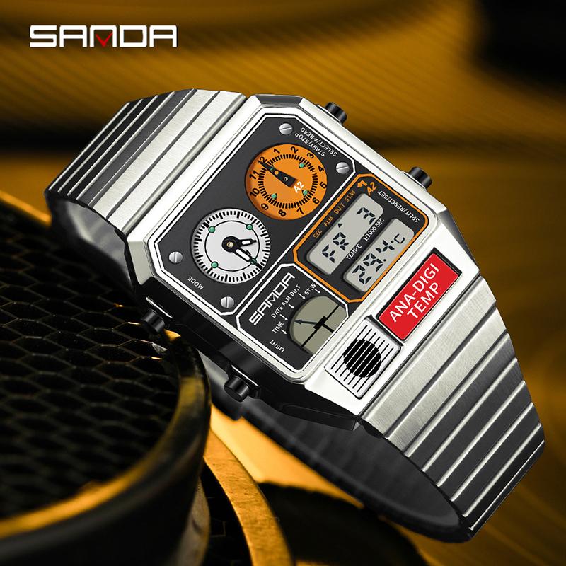 Мужские цифровые LED-часы SANDA 3192 Квадратный циферблат Двойной дисплей Многофункциональные Измерение температуры Спортивные мужские наручные часы Подарок