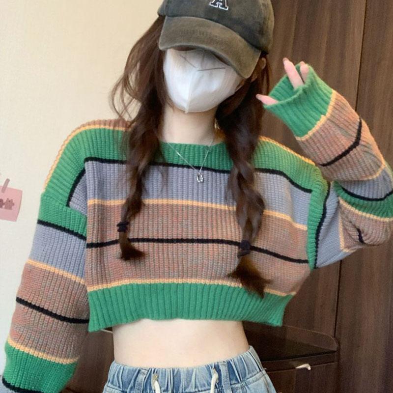 Пряный короткий цветной свитер с длинными рукавами в контрастную полоску, женский весенне-осенний свободный универсальный пиджак, вязаный свитер, пуловер