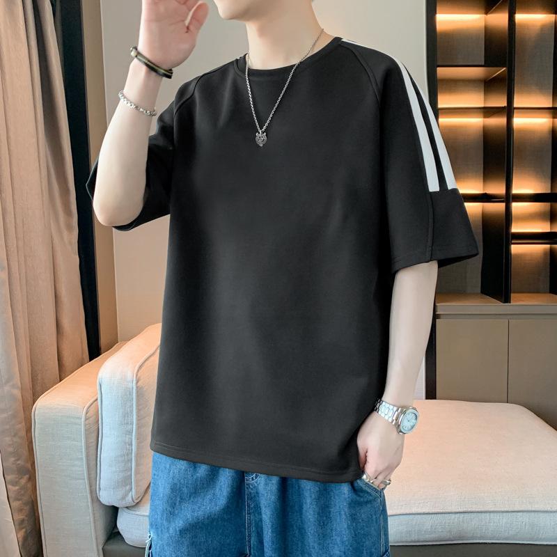 Полосатая мужская футболка с короткими рукавами, простая и свободная футболка, плечи спущены, рукава пять с половиной, размер плюс