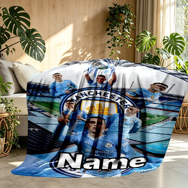 Custom Name Personalized Manchester City FC Print Blankets, Home Decor, Bedroom, Sofa, Camping, Couch, Gifts for Birthday Christmas