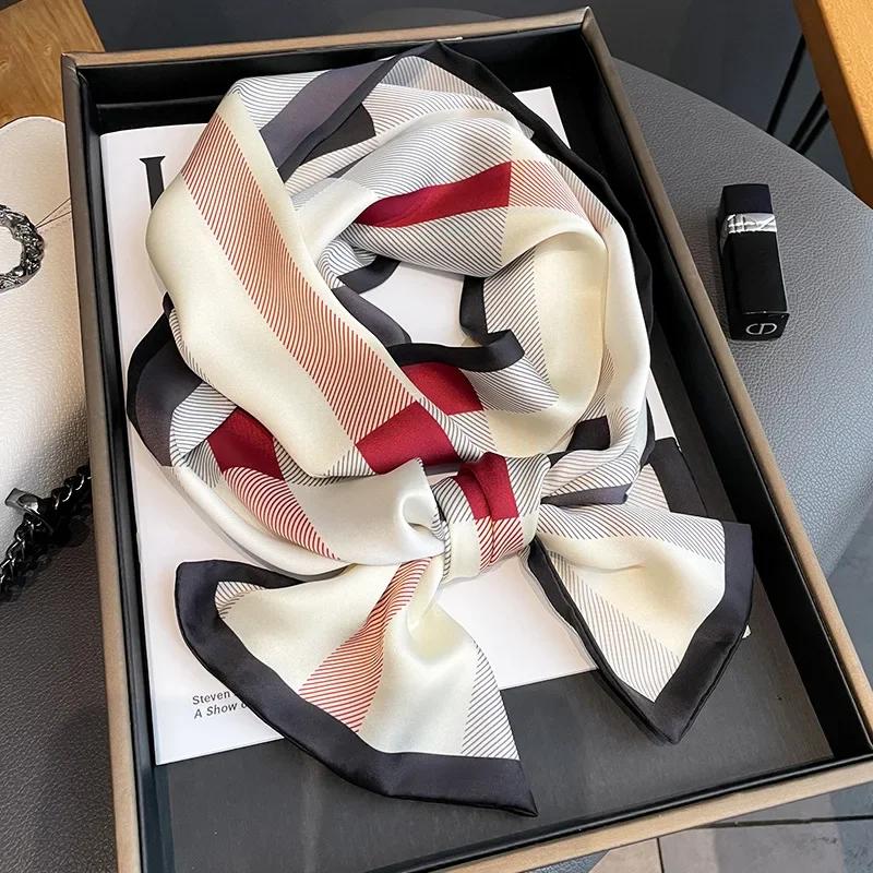 New Luxury Design Ribbon Silk Scarf Plaid Headband Neckerchief Foulard Female Hair Scarfs Neck Ties Lady Skinny Scarves