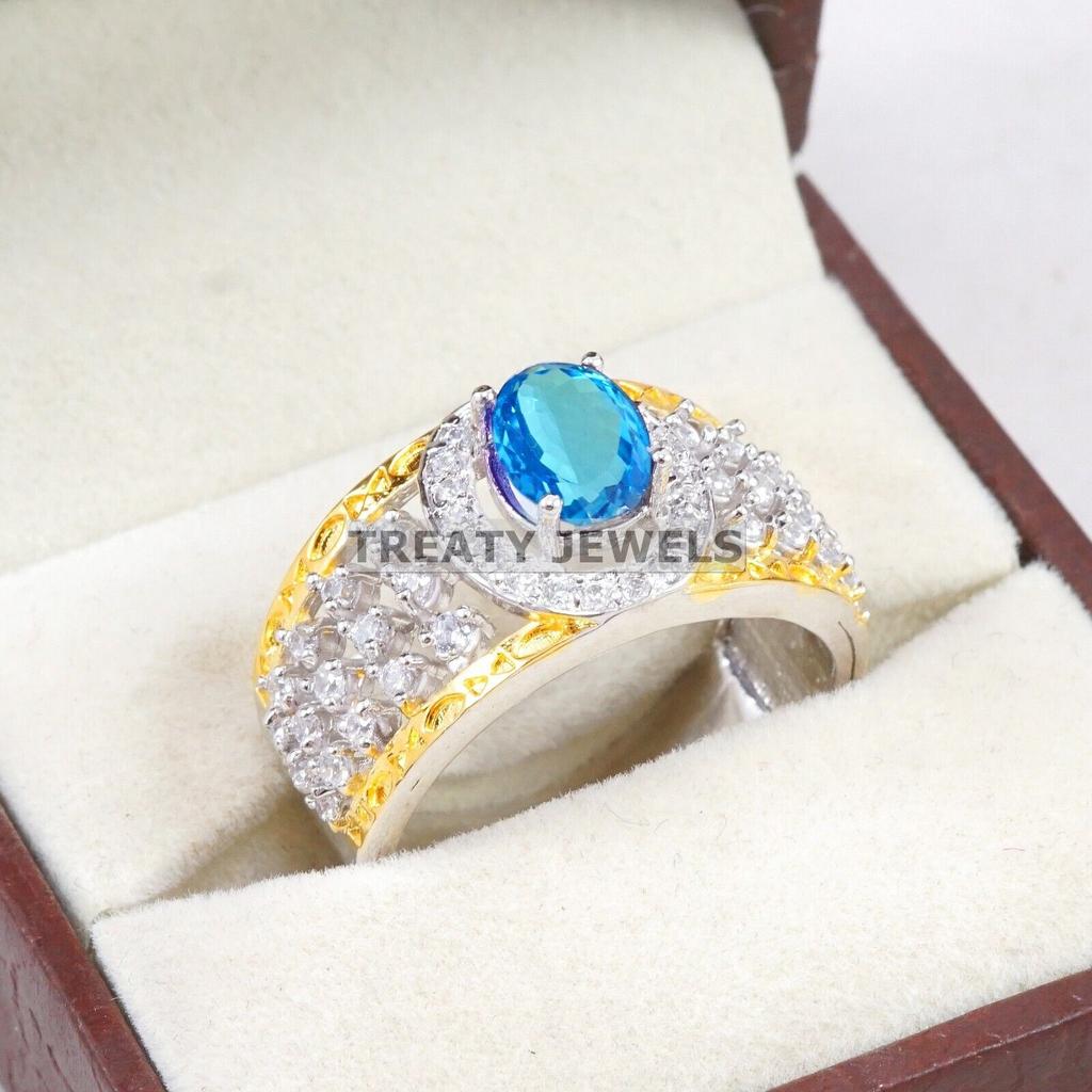 Blue Topaz Oval Cut Gemstone With 925 Sterling Silver Ring For Men's #A898 JL375669060712