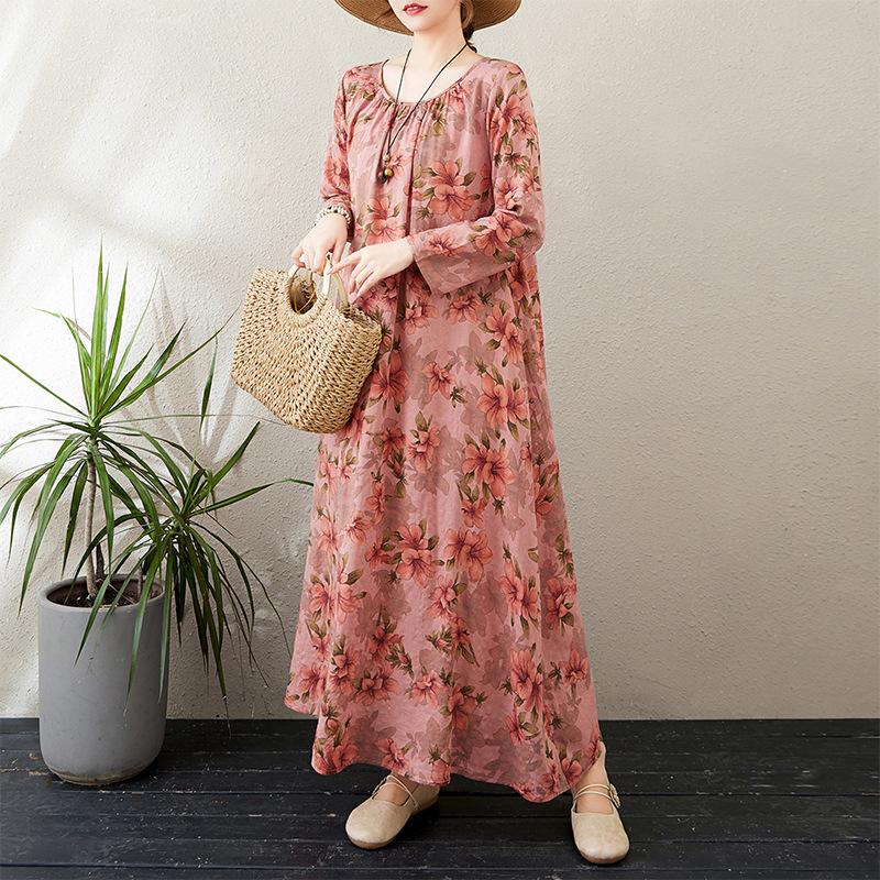 Осеннее литературное свободное платье больших размеров с круглым вырезом и длинными рукавами для весенних женщин в винтажном стиле