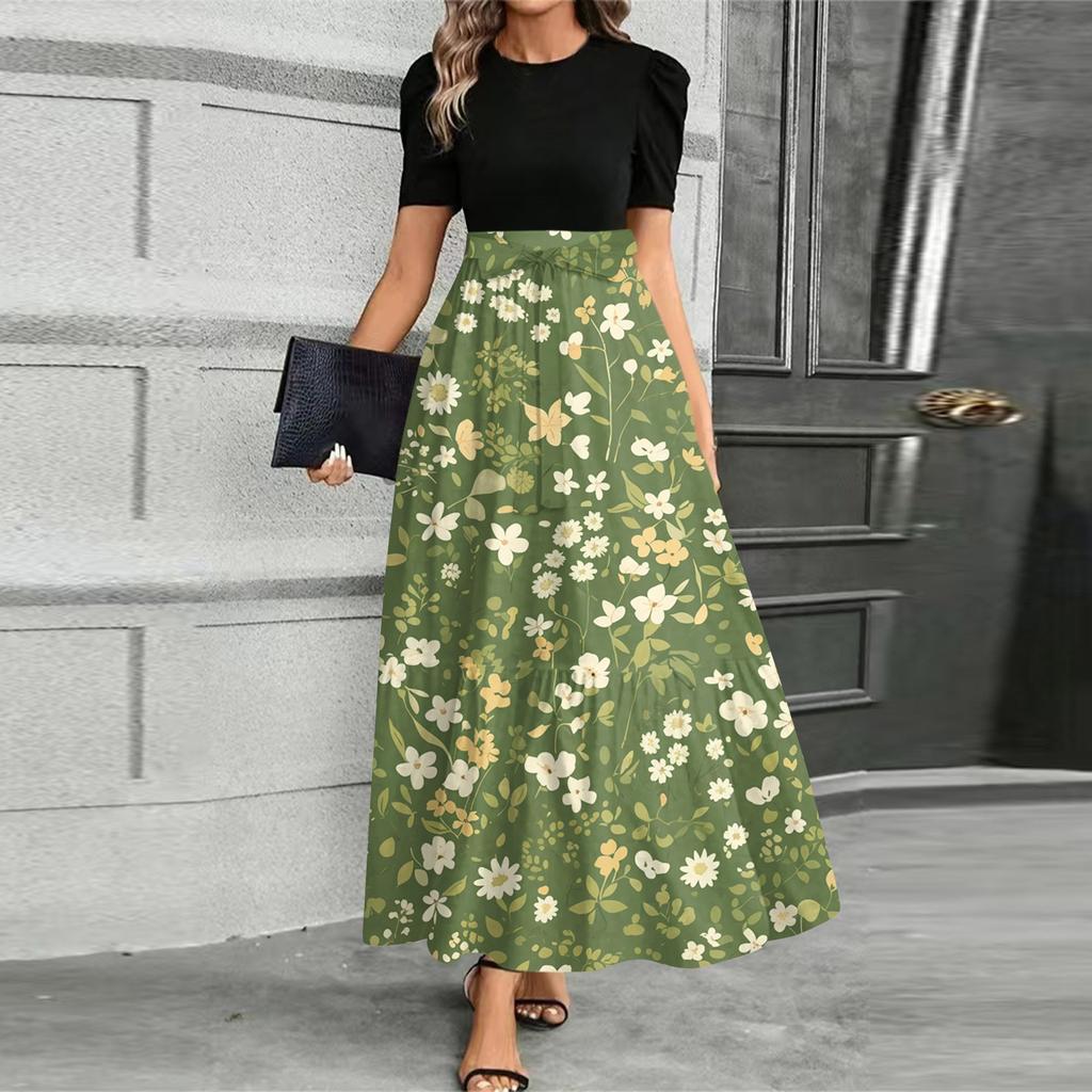 Женское модное повседневное платье с поясом, коротким рукавом, круглым вырезом и принтом, элегантное и темпераментное