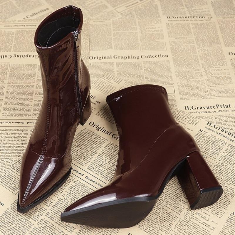 Brown Boots Women Round Toe Block Low Heel Chelsea Boots Black Slip On Patent Leather Ankle Boots Comfortable Non-slip Shoes