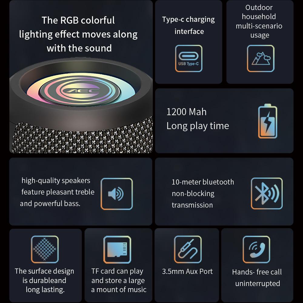 Portable Speaker Wireless Bluetooth Speaker FM Radio LED Light Ring Subwoofer Stereo Surround Outdoor Loudspeaker Support TF Card Play