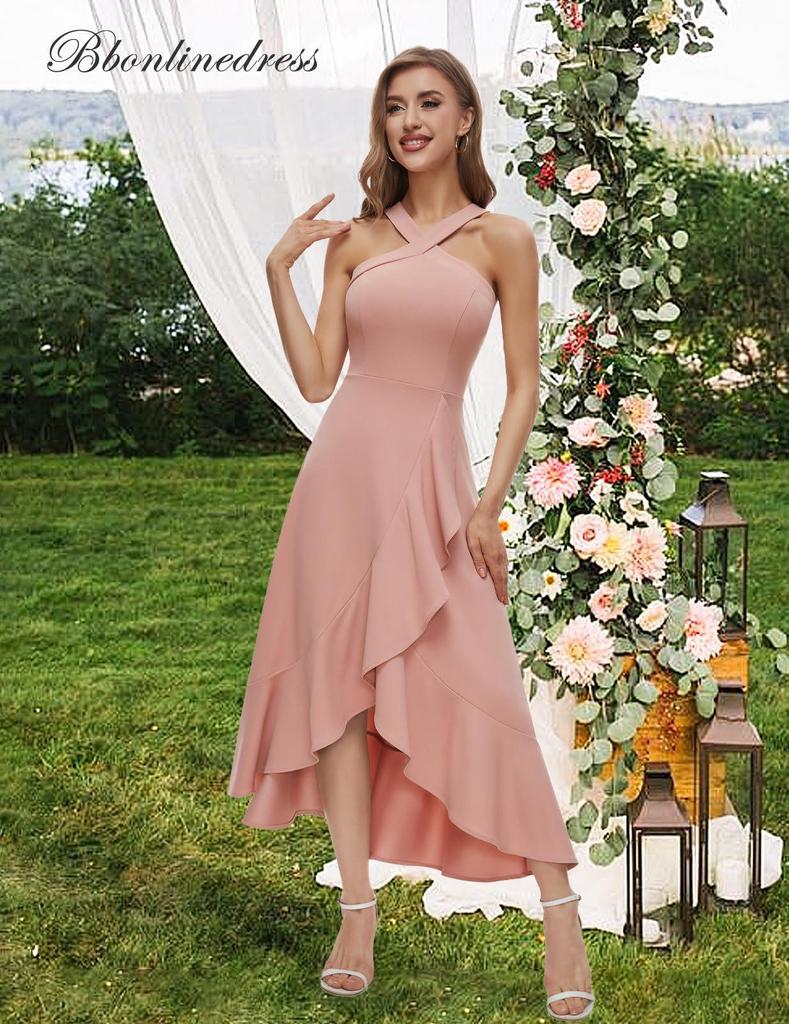 Женское коктейльное платье с оборками и бретелью через шею в европейском и американском стиле 2025 года — выпускное, официальное и для подружек невесты