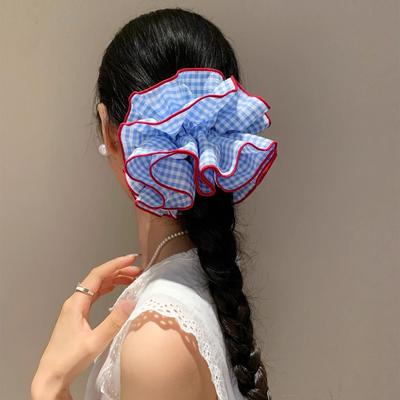 Корейская ретро синяя клетчатая очень большая резинка для волос для женщин - Высококачественная, прочная резинка для волос и аксессуар