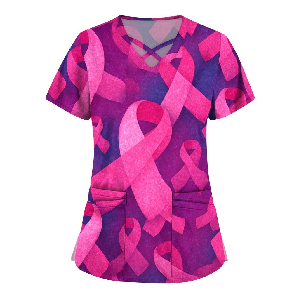 Women's Fashion V-Neck Short Sleeve Overalls Double Layer Pocket Printed Tops Apparel