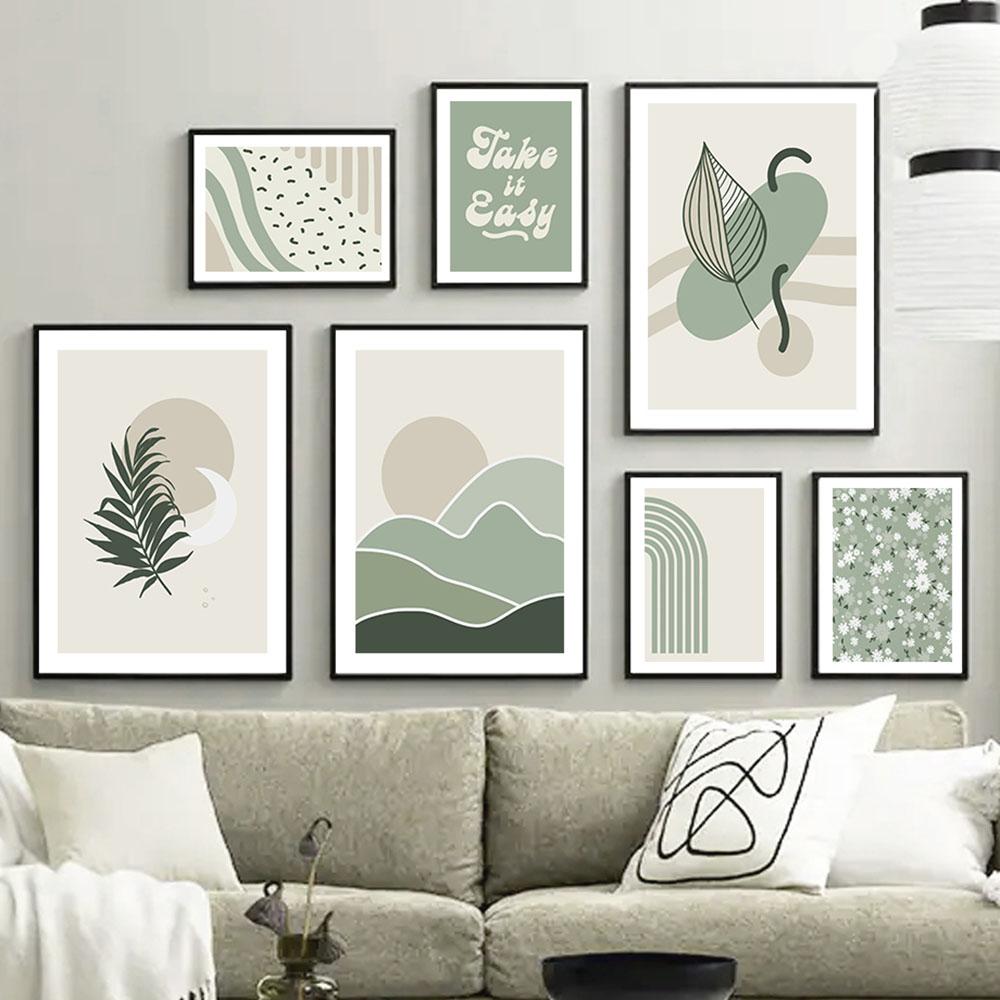 Sage Green Inhale Exhale Abstract Boho Wall Art Холст Картина Скандинавские постеры и принты Настенные картины для декора гостиной