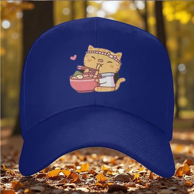 Cute Cat Eating Noodles Trucker Hat Adjustable Snapback Cap Casual Outdoor Anime Style