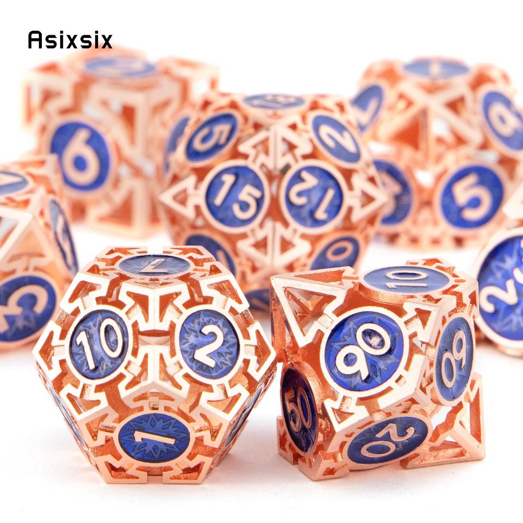 7 Pcs  Copper Blue Metal Dice Circular Hollow Metal Polyhedral Dice Set Suitable for Role-Playing RPG  Board Game Card Game