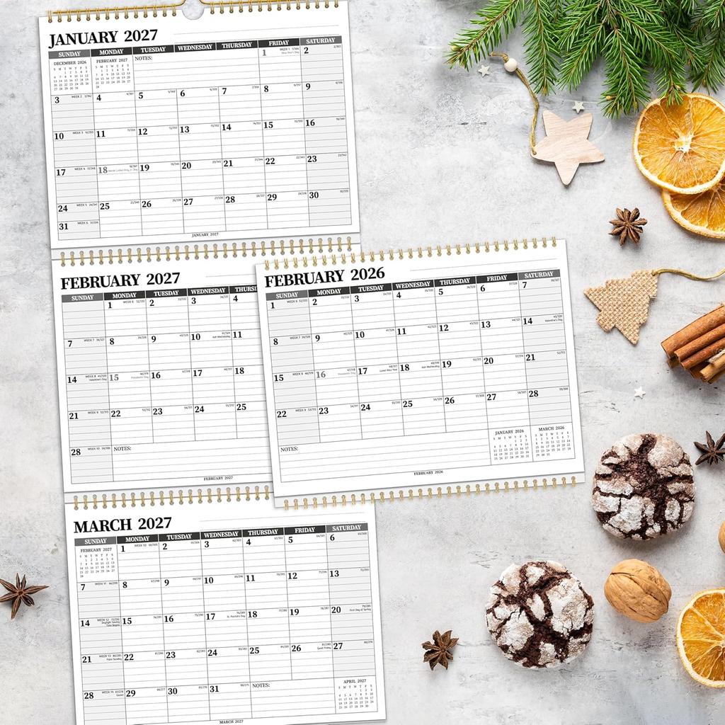 Настенный календарь 2026-2027, 3-месячный вертикальный, с перелистывающимися страницами, на 2 года с января 2026 по декабрь 2027, 11'' x 25'', Большой месячный подвесной
