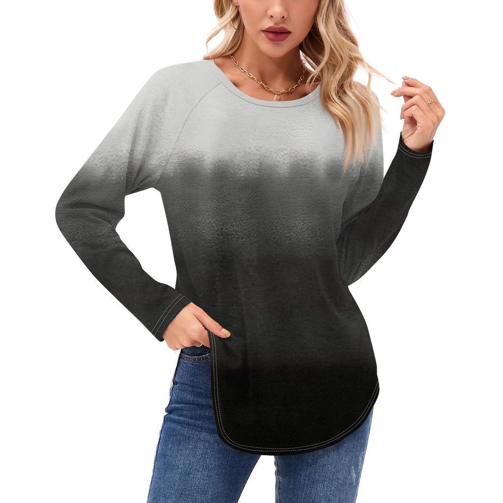 Женские рубашки с длинным рукавом, повседневные, модные, с градиентным принтом, туники, топы, с круглым вырезом, базовая свободная футболка