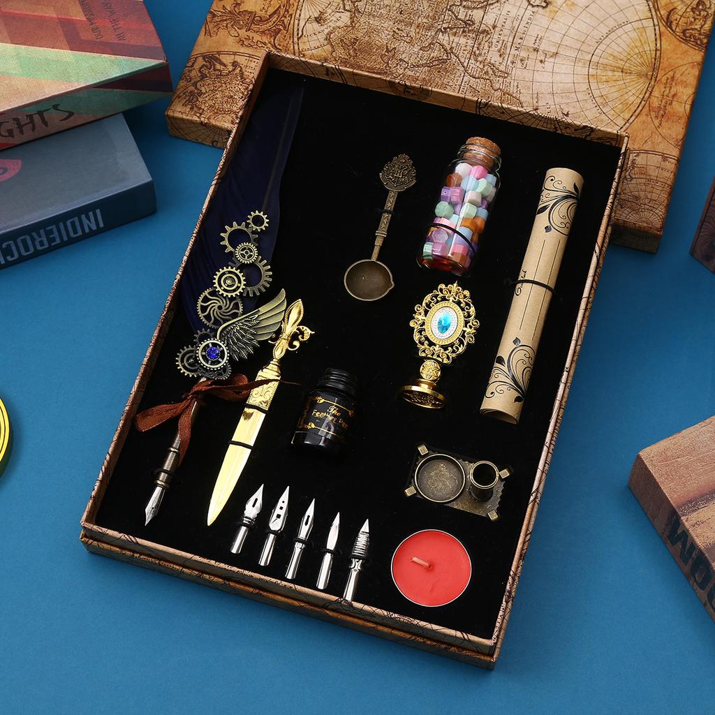 Literary And Retro Quill Gift Box, Gem Pen Set, Mechanical Gear, Steampunk Dipping Pen Gift.