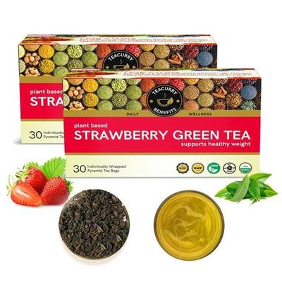 TEACURRY Клубничный зеленый чай (Упаковка на 2 месяца, 60 чайных пакетиков) - Сладкий вкус клубники | Иммунитет с витамином C