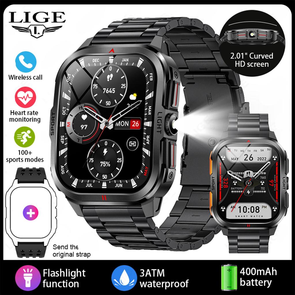 LIGE New Smart Watch 2.01-inch Curved Screen Bluetooth Call Outdoor Sports Waterproof Men's Smart Watch