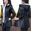 Autumn Winter Women's Fleece Leather Jacket Slim Plus Velvet Hooded Leather Biker Jacket Thick Flocked Leather Coat