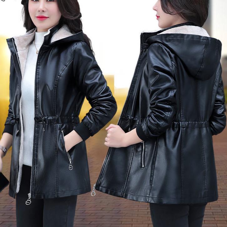 Autumn Winter Women's Fleece Leather Jacket Slim Plus Velvet Hooded Leather Biker Jacket Thick Flocked Leather Coat