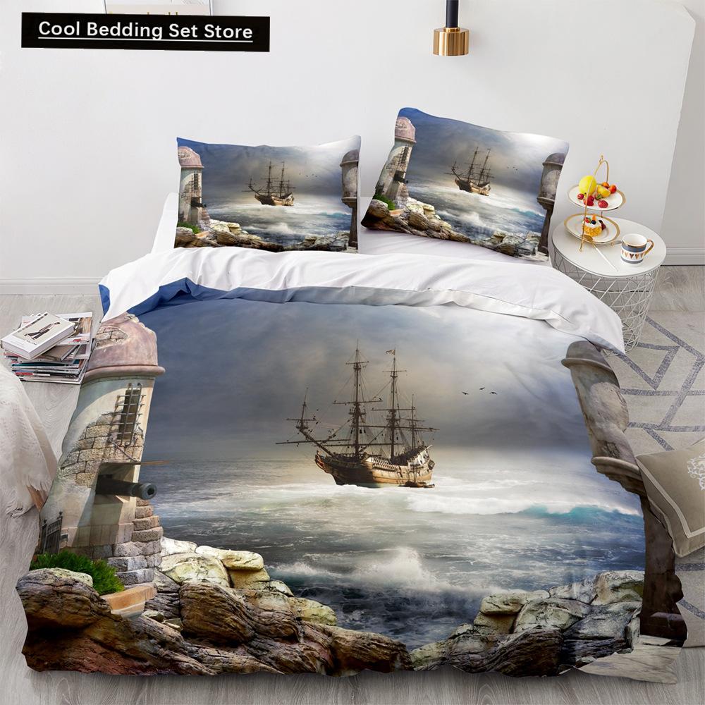 Vintage Sailboat King Queen Duvet Cover Nautical Ocean Bedding Set for Teens Adults Ship Fire Black 2/3pcs Polyester Quilt Cover