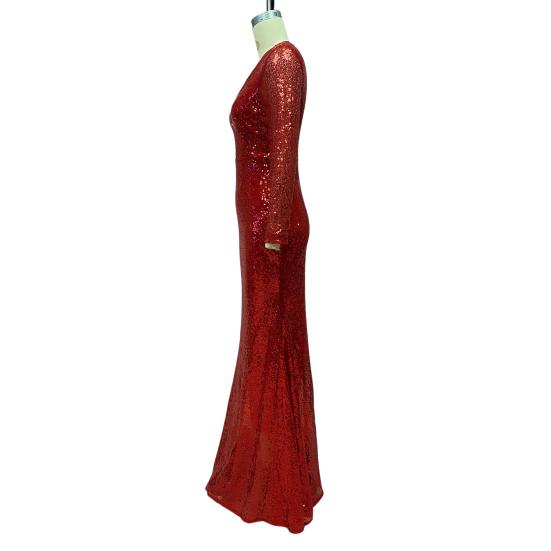 Women Evening Dress Sequin Deep V Neck Long Sleeves Slim Fit Fishtail Hem Sequin Floor Length