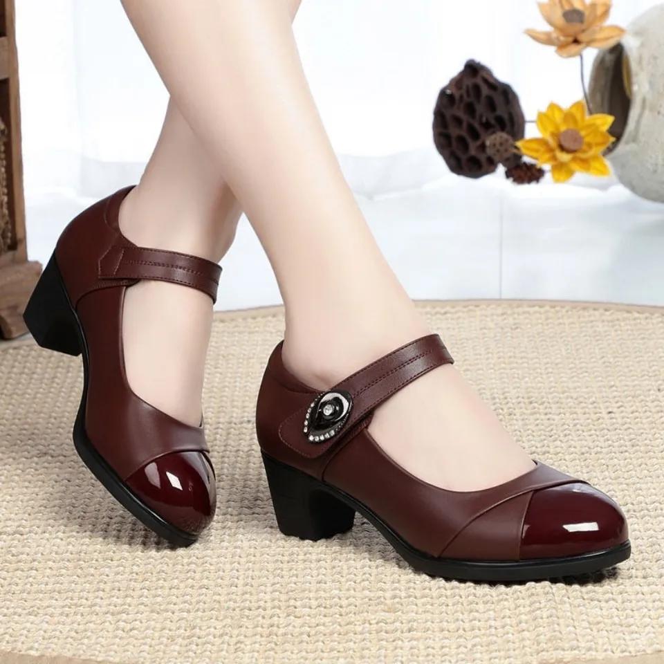 Single Shoe Women's Spring and Autumn Anti Slip Velcro Leather Shoes Dancing Shoes Thick Heeled Work Shoes