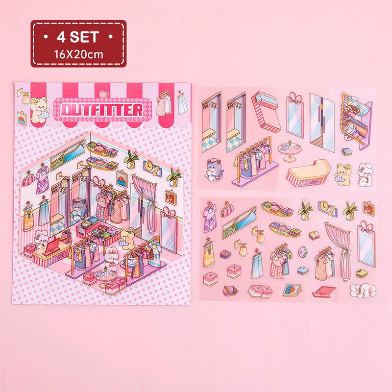 4 Набора Мультяшные Кавайные Миниатюрные Сцены Визуальные Наклейки для Складывания Миниатюрные 3D Наклейки со Сценами Пейзажей Наклейки для Рукоделия