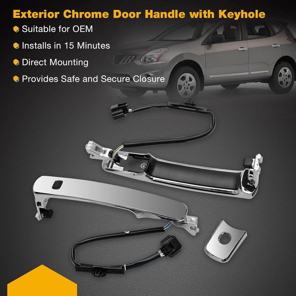Gledewen Exterior Chrome Door Handle Front Left Driver Side With Keyhole | Smart Entry Keyless | For 2010-2013 Nissan Rogue | Replaces# 80640-CZ31B,