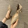 H377-38 Black High Heels Thick Heel 5cm Pointed Hollow High Heels Women's Spring New One-word Buckle Single Shoes Low Heel