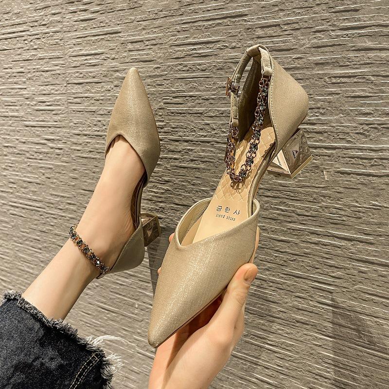 H377-38 Black High Heels Thick Heel 5cm Pointed Hollow High Heels Women's Spring New One-word Buckle Single Shoes Low Heel