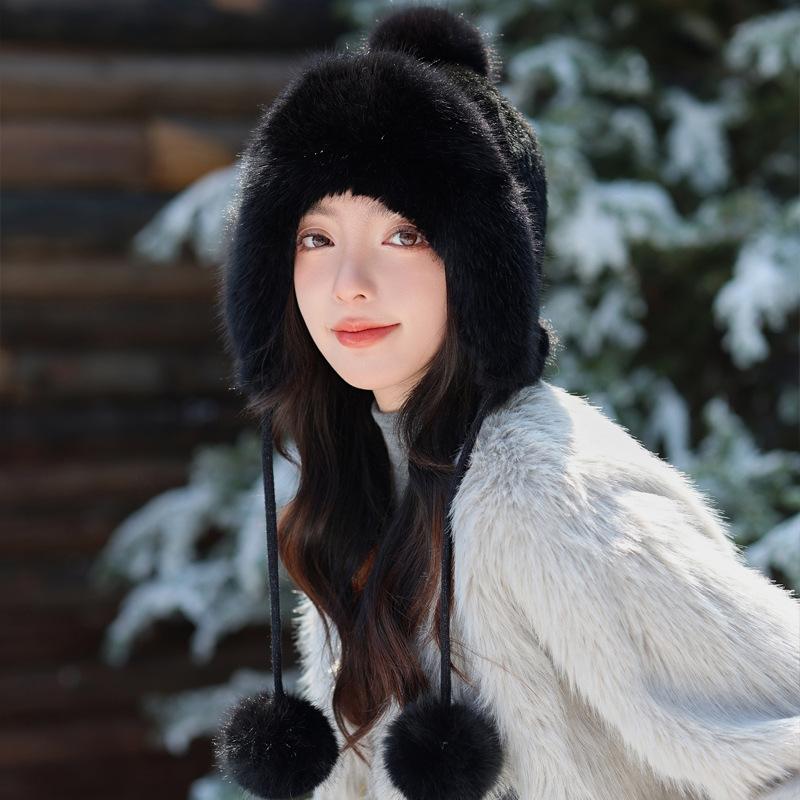 Шапка женская флисовая с кроличьей шерстью, вязаная шерстяная шапка, зимняя утолщенная теплая шапка Lei Feng, велосипедная шапка-ушанка