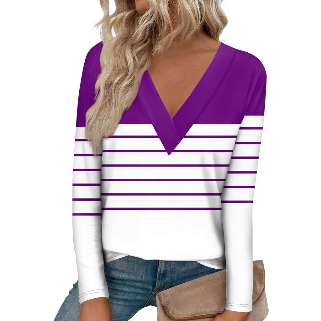 Женская модная футболка с длинными рукавами и большим v-образным вырезом спереди и изогнутым краем с принтом