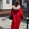 Autumn and Winter New Lace-up Fur Collar Double-sided Cashmere Coat for Women's Medium and Long Hooded Red Woolen Coat for Women