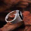 Men's Classic Wide Adjustable Black Agate Imitation Ring In Distressed Retro Thai Silver Design