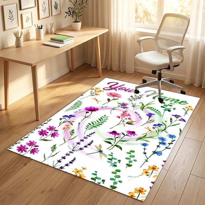 Floral Garden Theme Crystal Velvet Rug Personalized Custom Name Text Soft Floor Mat Home Decor
