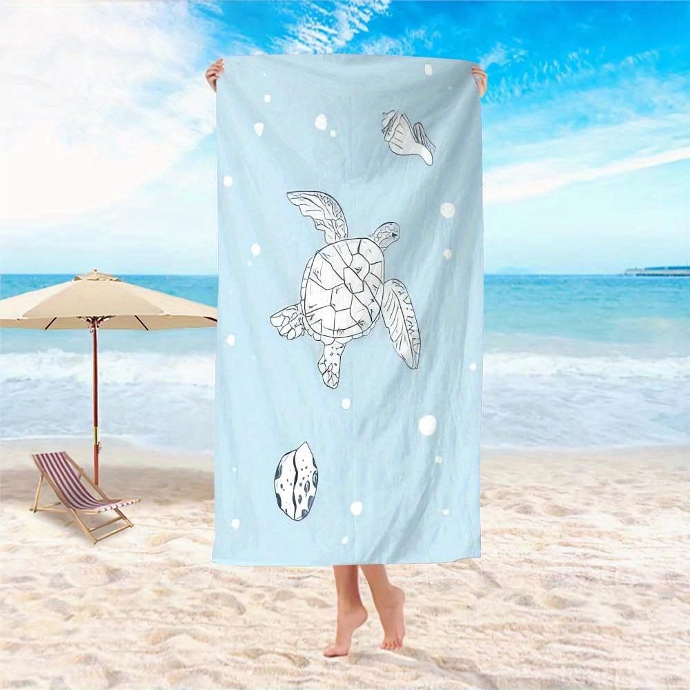 1pc Oversized Quick-Dry Microfiber Beach Towel - Turquoise Blue & White Sea Turtle Design with Ocean Wave Pattern, Sand-Free